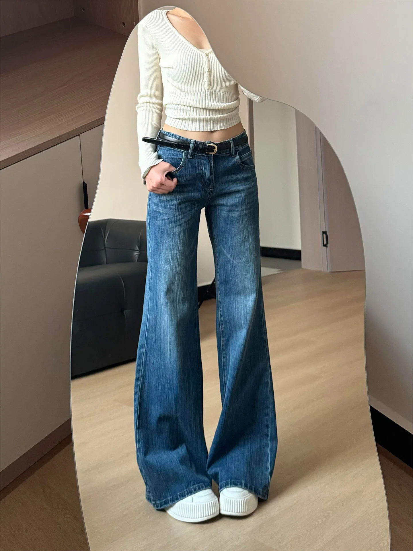 

Американские джинсы с высокой талией, прямые, темно-синие, женские, летние, новые, утягивающие, длинные брюки, широкие повседневные джинсы