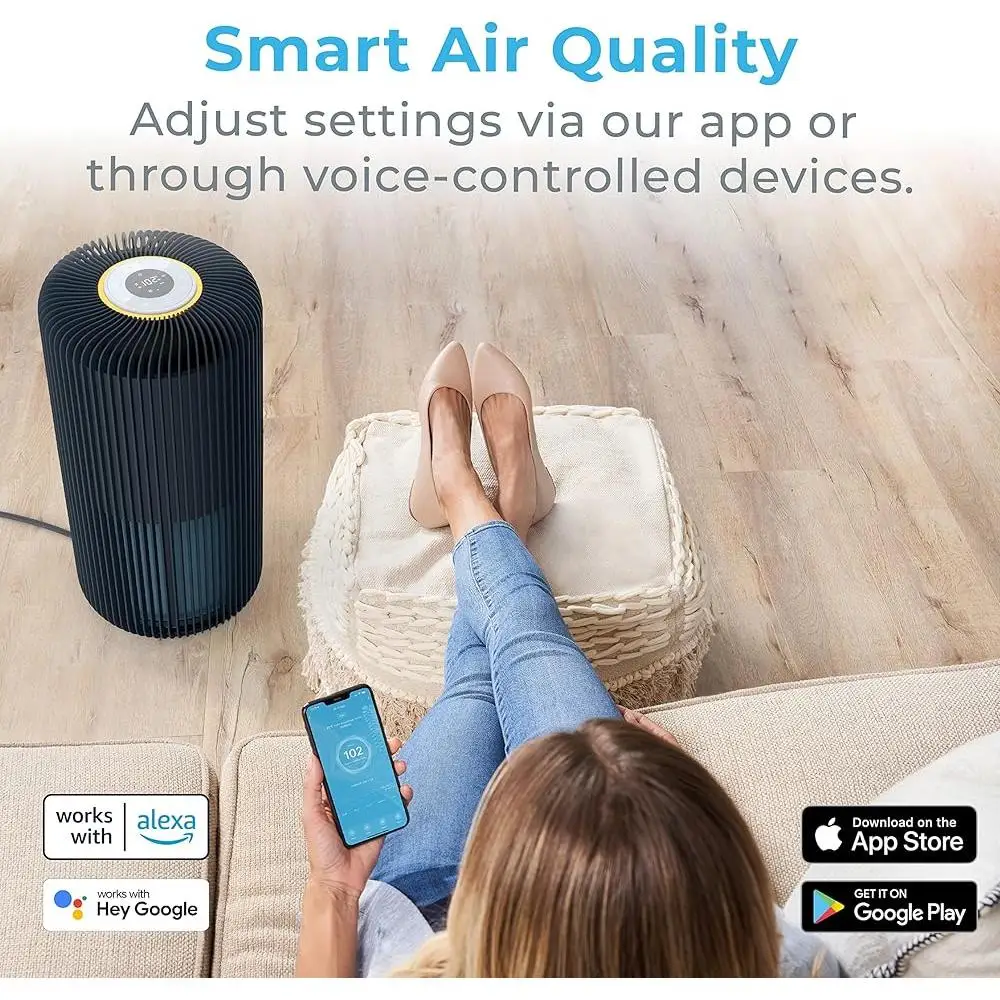 منقي الهواء الذكي 5 مراحل، ترشيح الطاقة، غرفة كبيرة، 1050 قدم مربع، وضع تلقائي للتحكم في الهاتف الذكي، تشغيل هادئ
