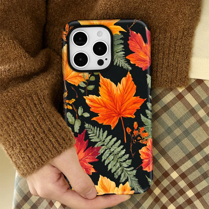 Casing HP Motif Daun Krukya Untuk iPhone 16 Pro Max 17 Air 15 14 13 12 11 XS XR X 15Plus SE 2020 Penutup Akrilik Lapis Ganda