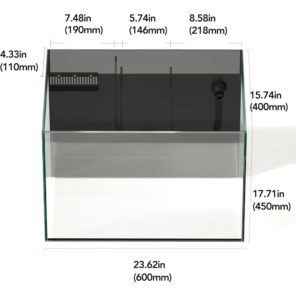 60P 26.23 Gallon Ultra Clear All Glass Rimless Low Iron Aquarium Tank with Rear Filtration Chamber for Salt and Fresh