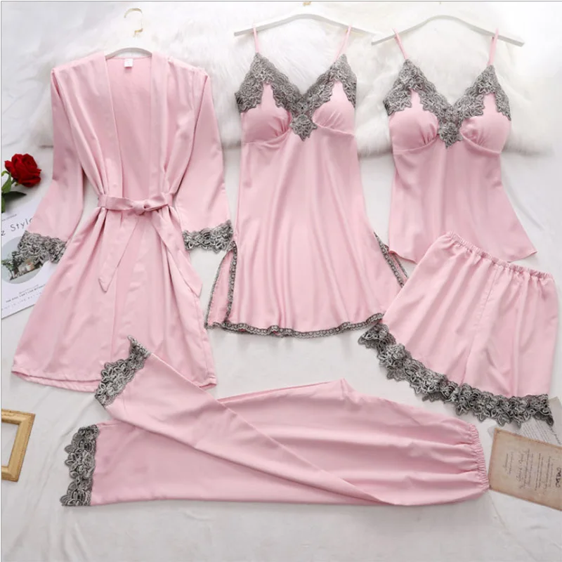 

5pcs sexy pajama bathrobe set, camisole nightgown, camisole top+shorts, soft home wear, lace dress, evening gown