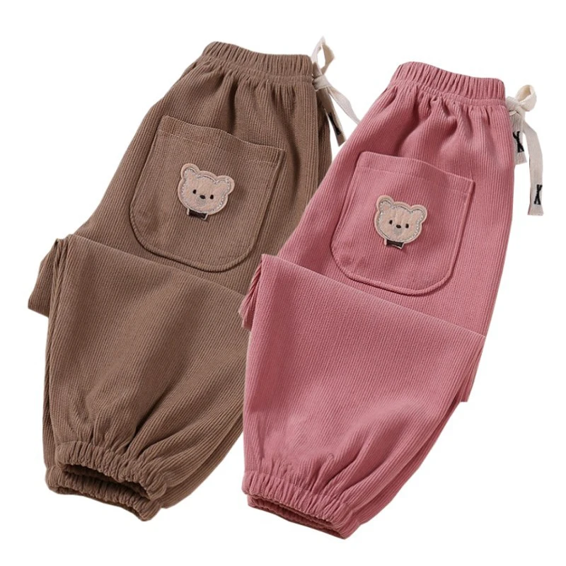 

Corduroy Elastic Waistline Drawstring Trousers Autumn Boys Cartoon Pants Girls Outer Wear Sport Casual Pant Children Clothes New