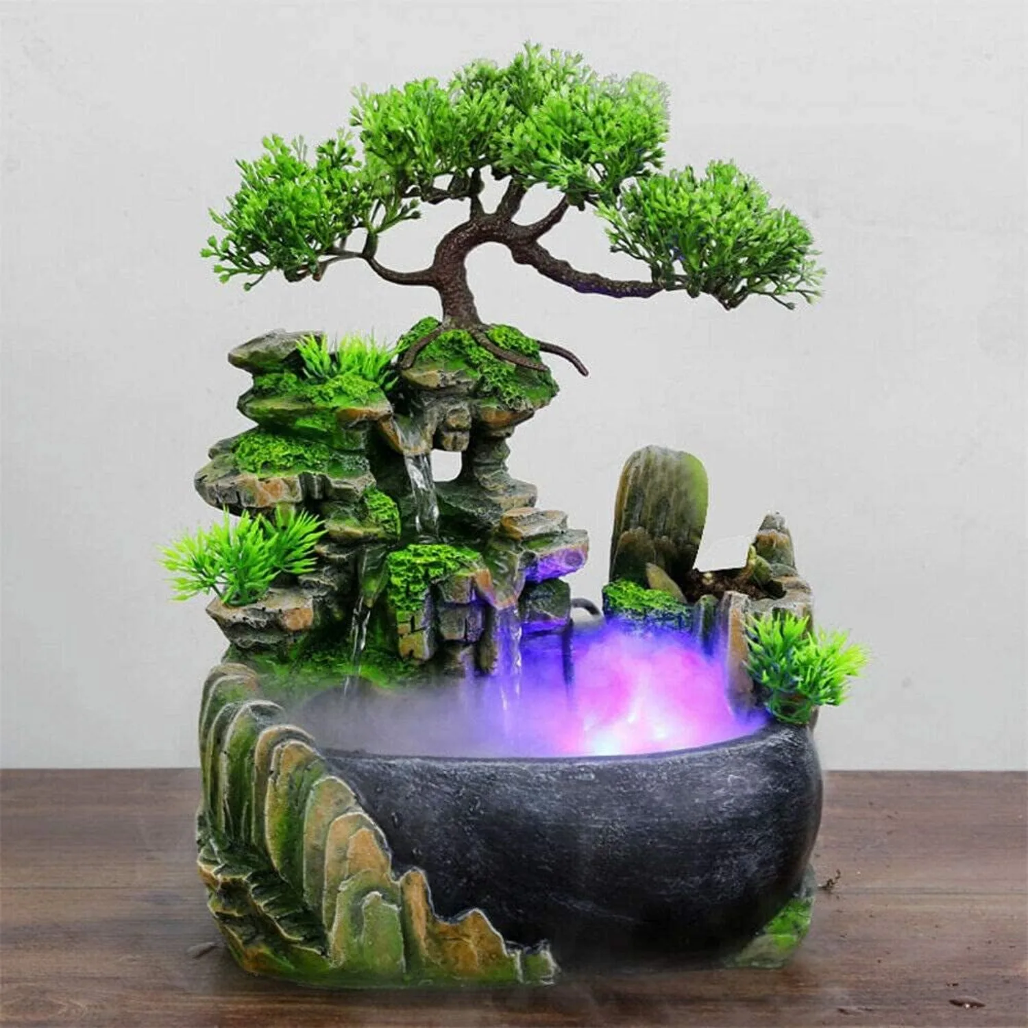

Tabletop Rockery Fountain Indoor Waterfall - Mini Bonsai with Automatic Pump, LED Light - Home Office Humidifier Decor