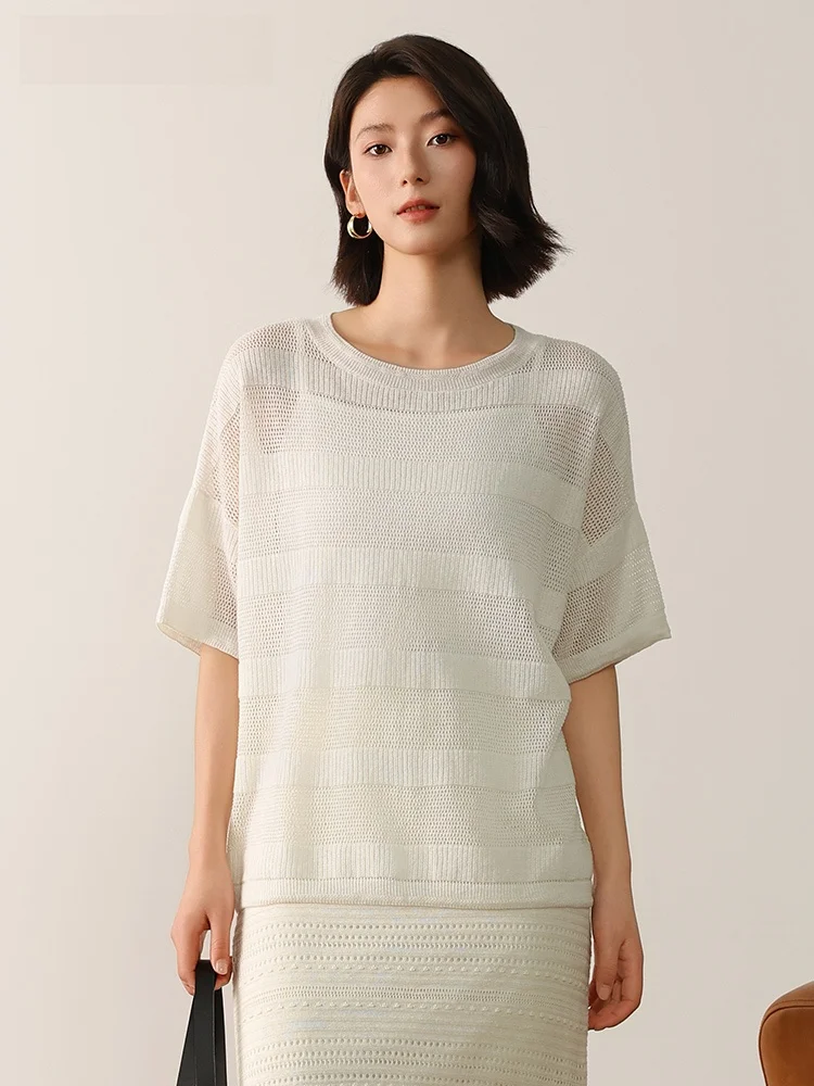 

Sy Boho Hollow out Linen Weave Top Summer Travel Outfit Loose Fit round Ne ort Sve Pure Color Commute Sle