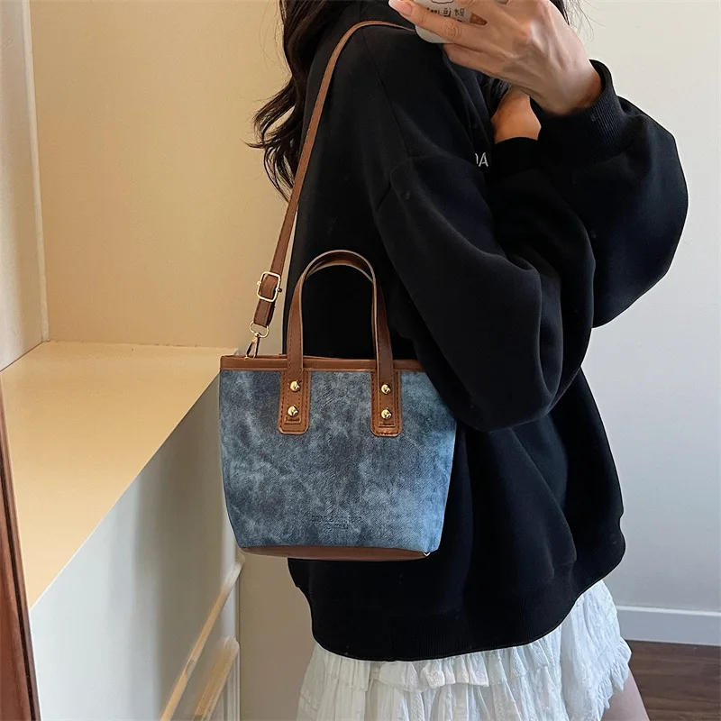 Casual Women Shoulder Bucket Bags Contrast Color Ladies Adjustable Crossbody Bag Purse Simple Portable Female Phone Handbags