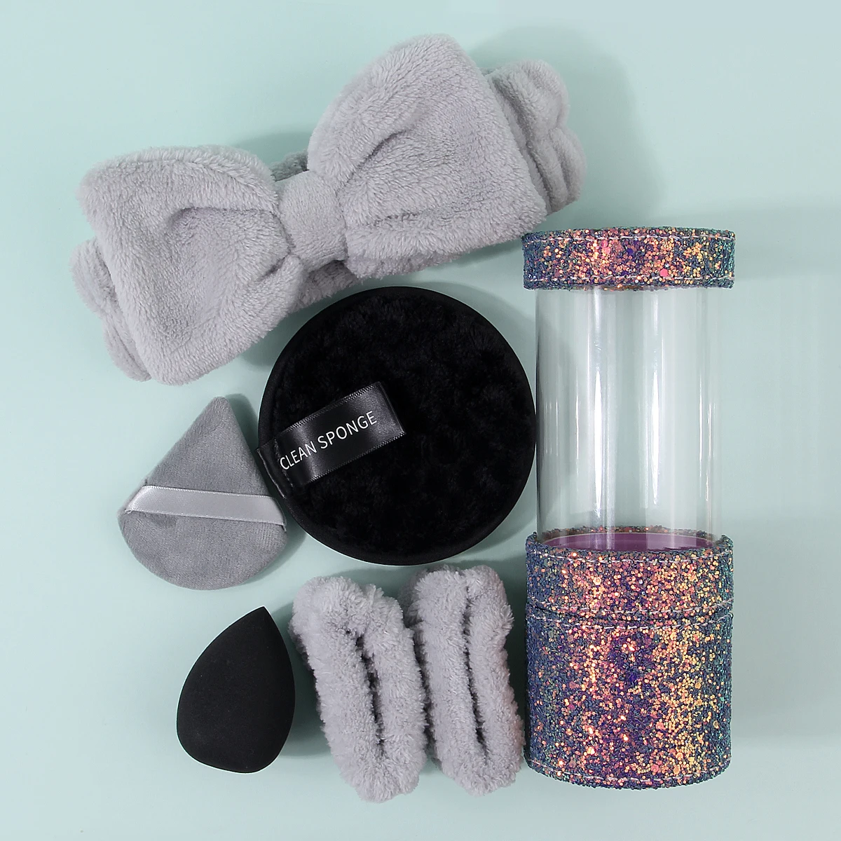 مجموعة فرش مكياج متعددة الأغراض مكونة من 21 قطعة وسوار معصم رباط شعر وإسفنجة بودرة مثلثة/دائرية على شكل بيضة ودلو تخزين