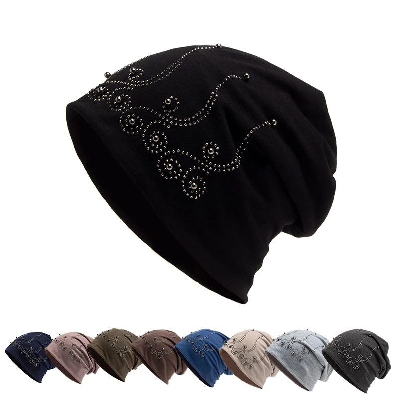 Women Beanie Rhinestones Pearl Autumn Hat For Women Fashion Balaclava Casual Hats Female Knitted Warm Skullies Bonnet Winter