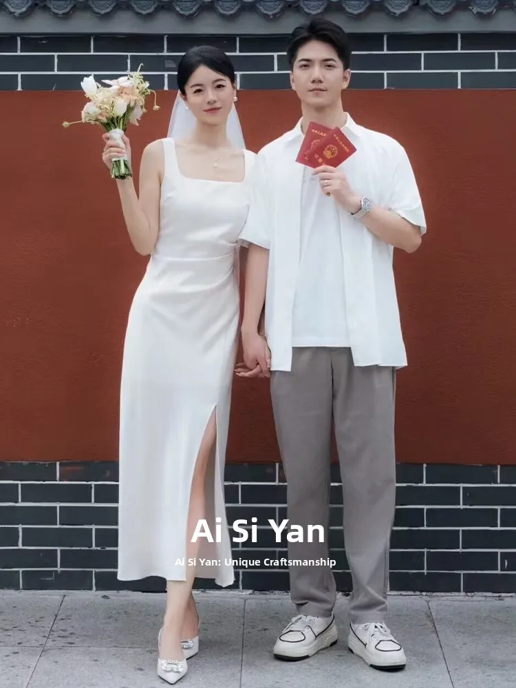 

Белое атласное вечернее платье без бретелек для помолвки, свадьбы, регистрации брака, с завышенной талией, приталенное, женское