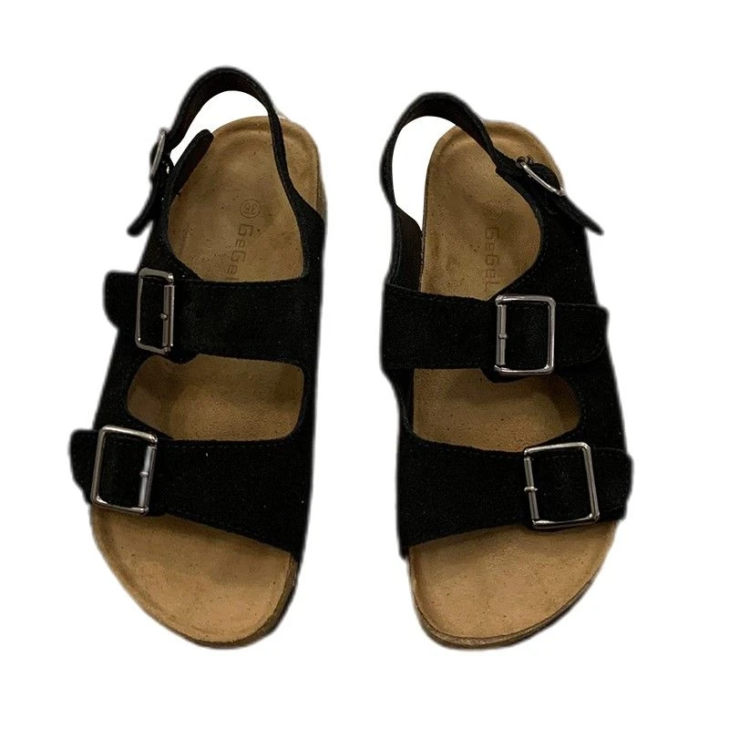 Casual Sandals for Women 2025 Leather Metal Ankle Buckle Strap Summer Beach Ladies Low Heel Handmade BIRKEN Shoes