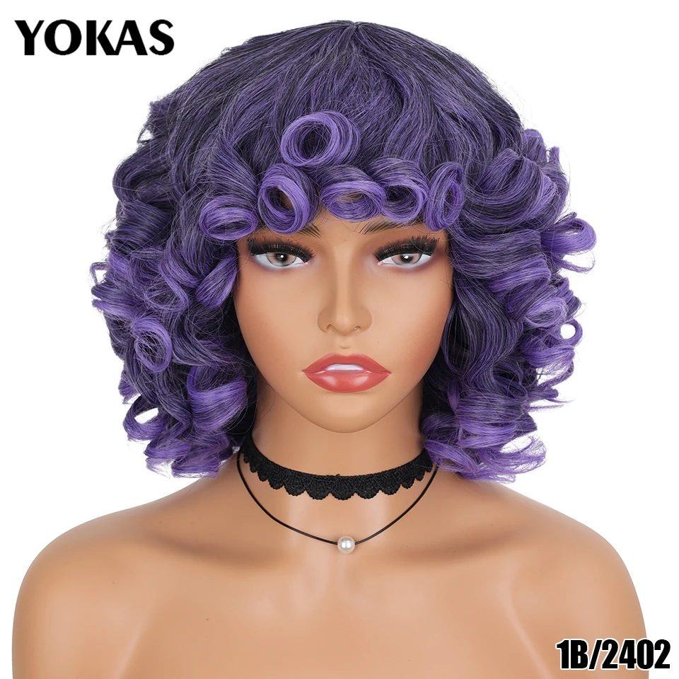 Kurze Haare Afro Verworrene Lockige Perücken Synthetische Mit Pony Für Schwarze Frauen Flauschige Afrikanische Ombre Cosplay Natürliche Braune Perücken Afro YOKAS – Detail 15