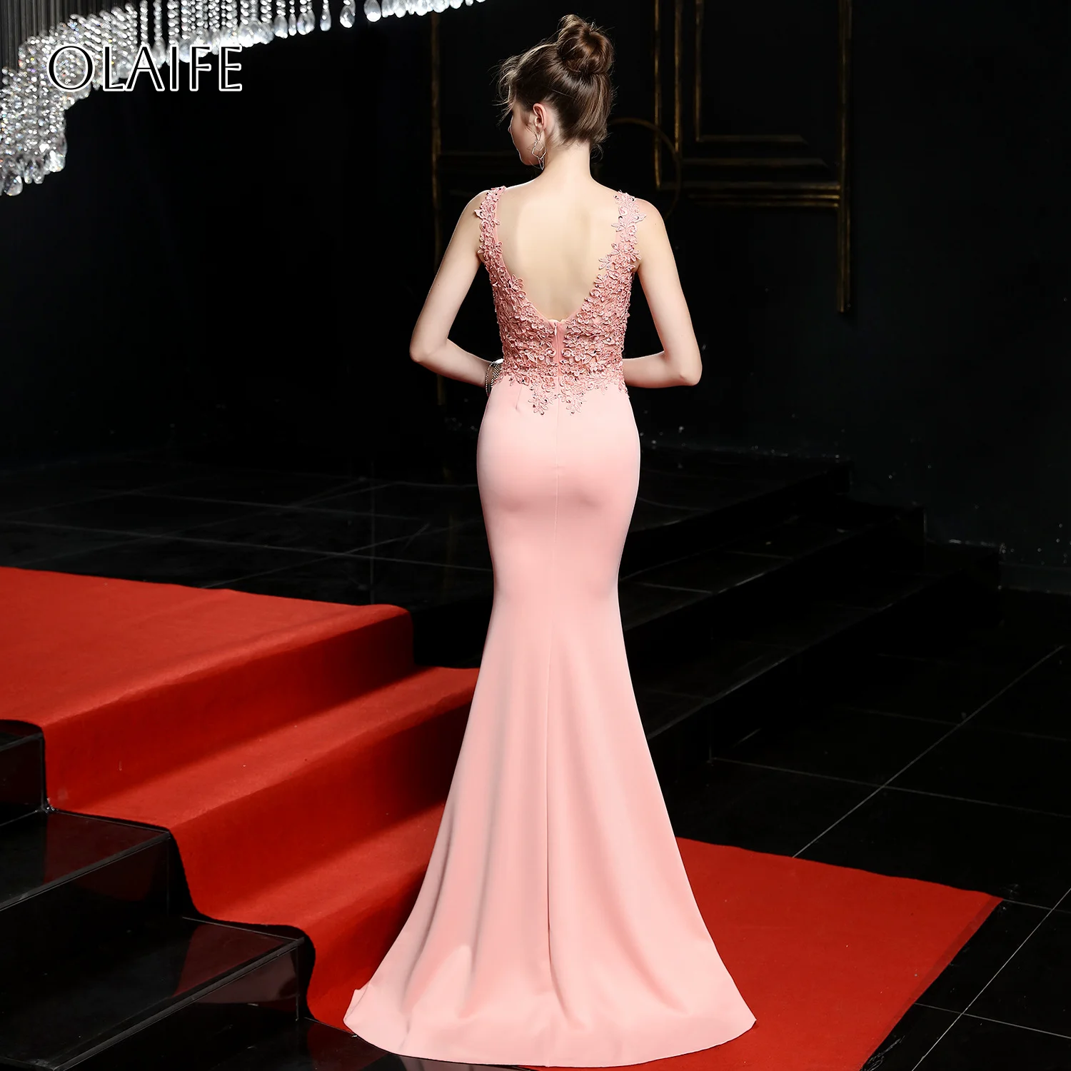 Com decote em v apliques frisado sem mangas cetim vestidos de noite longos personalizados vestidos de fiesta elegantes