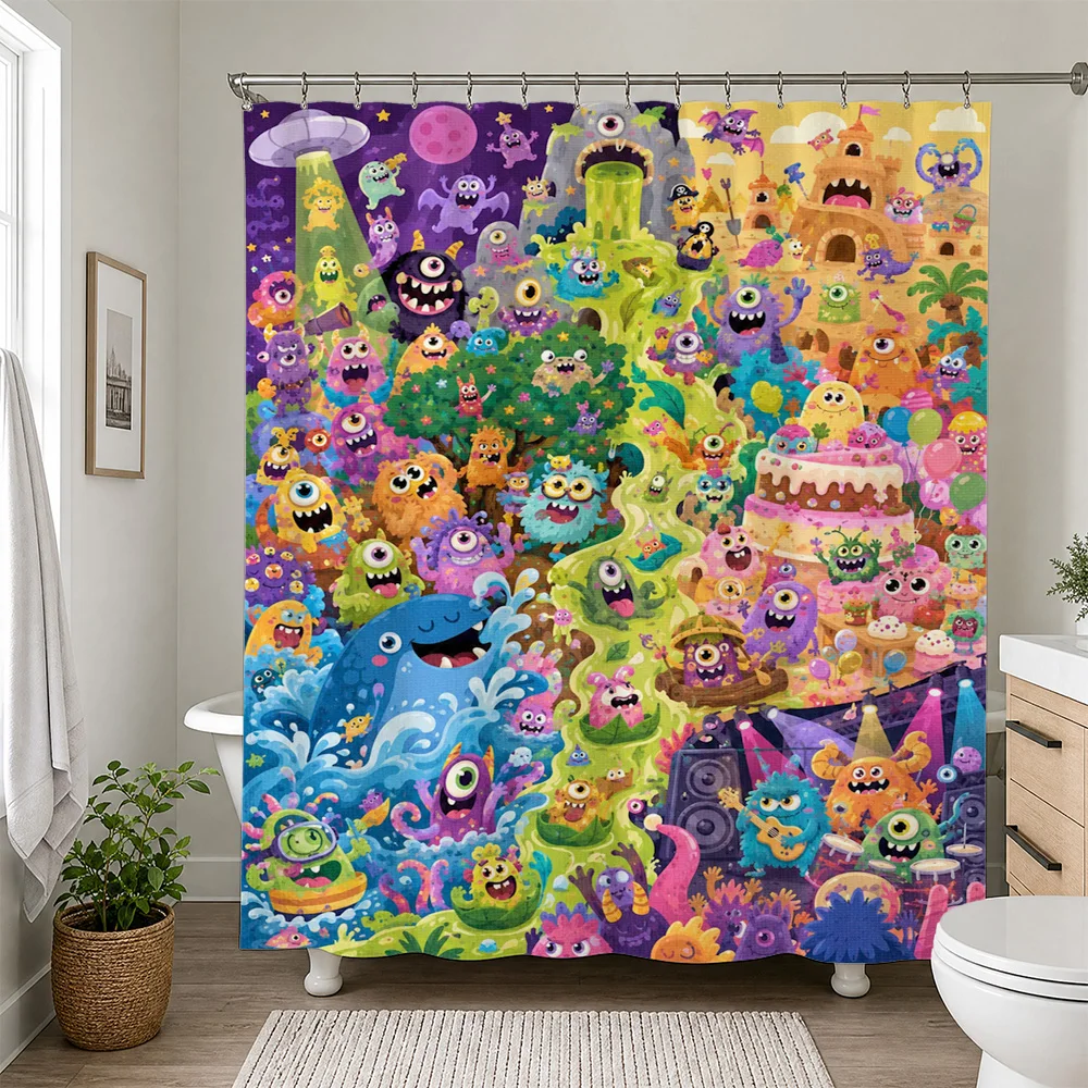 Vibrant Kawaii Monsters Rainbow Shower Curtain Fun Kids Bathroom Decor Bright Pop Art Style