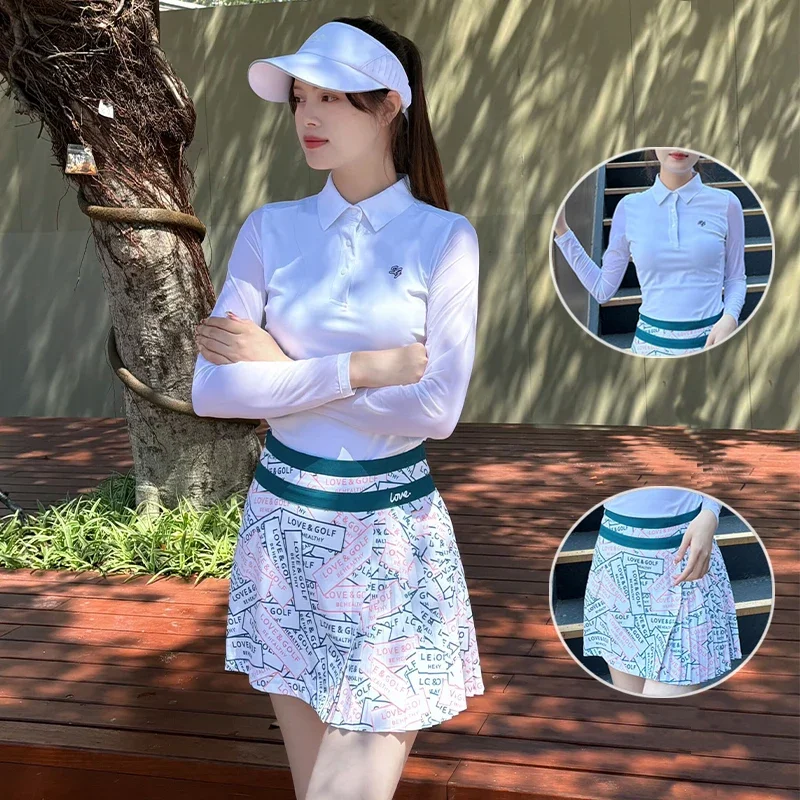 

SG Golf Women's Clothing Set Long Sleeve Sunscreen Tops Ladies Slim Soft T-shirt Printed Sports Short Skirt Fashion Golf Skorts