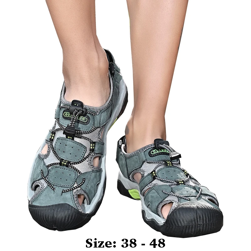 

High quality leather flat sandals for men round toes new summer 2025 size 38 48 casual outdoor walking big size shoe black brown