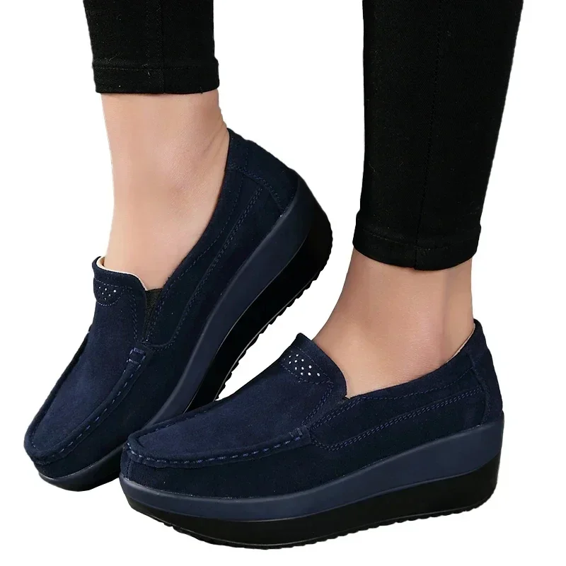 Platform Flat Shoes for Women New Thick Sole Women Loafers Suede Leather Footwear Comfort Wedge Moccasins Slip on Casual Shoes