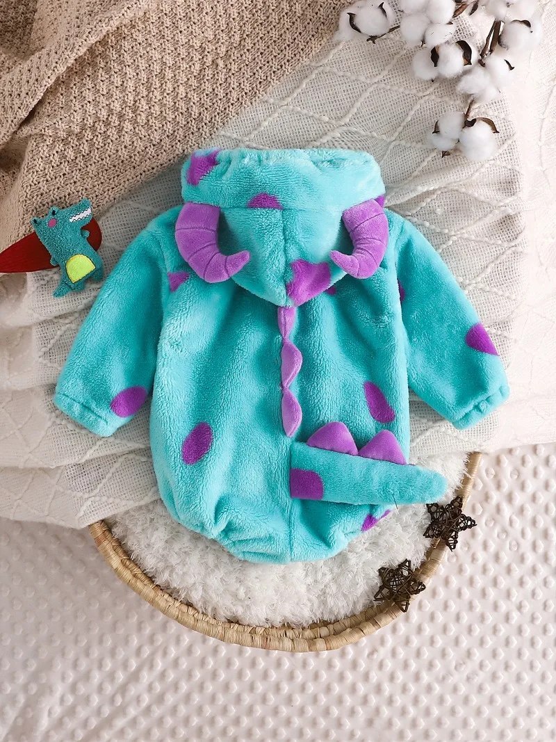 Blue Monster Snap Bottom Bodysuit Purple Horns Hooded Fleece Romper Newborn Infant Short Jumpsuit Costume Outfit Clothes
