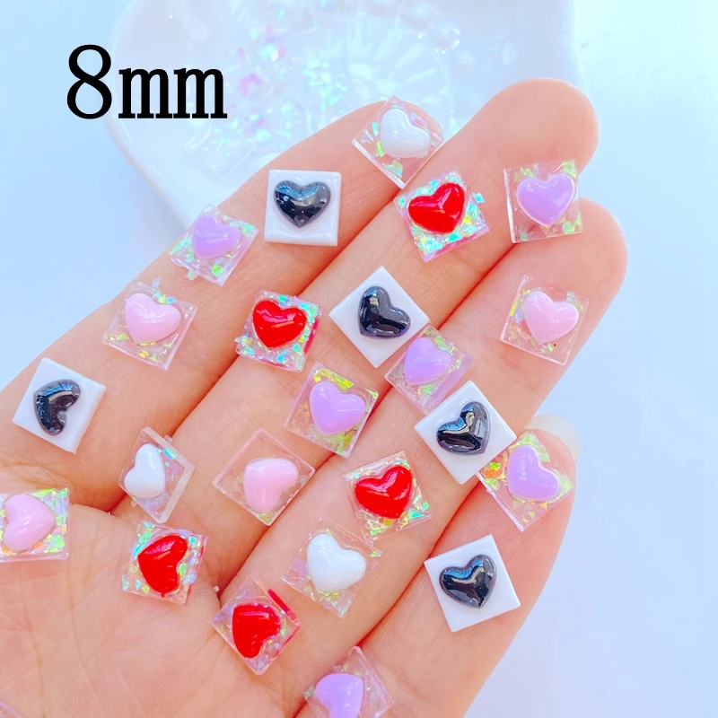 50Pcs New Cute Resin 8mm Mini Square Heart Series Flat Back Fit Phone Deco Parts Embellishments for Hair Bows Accessories