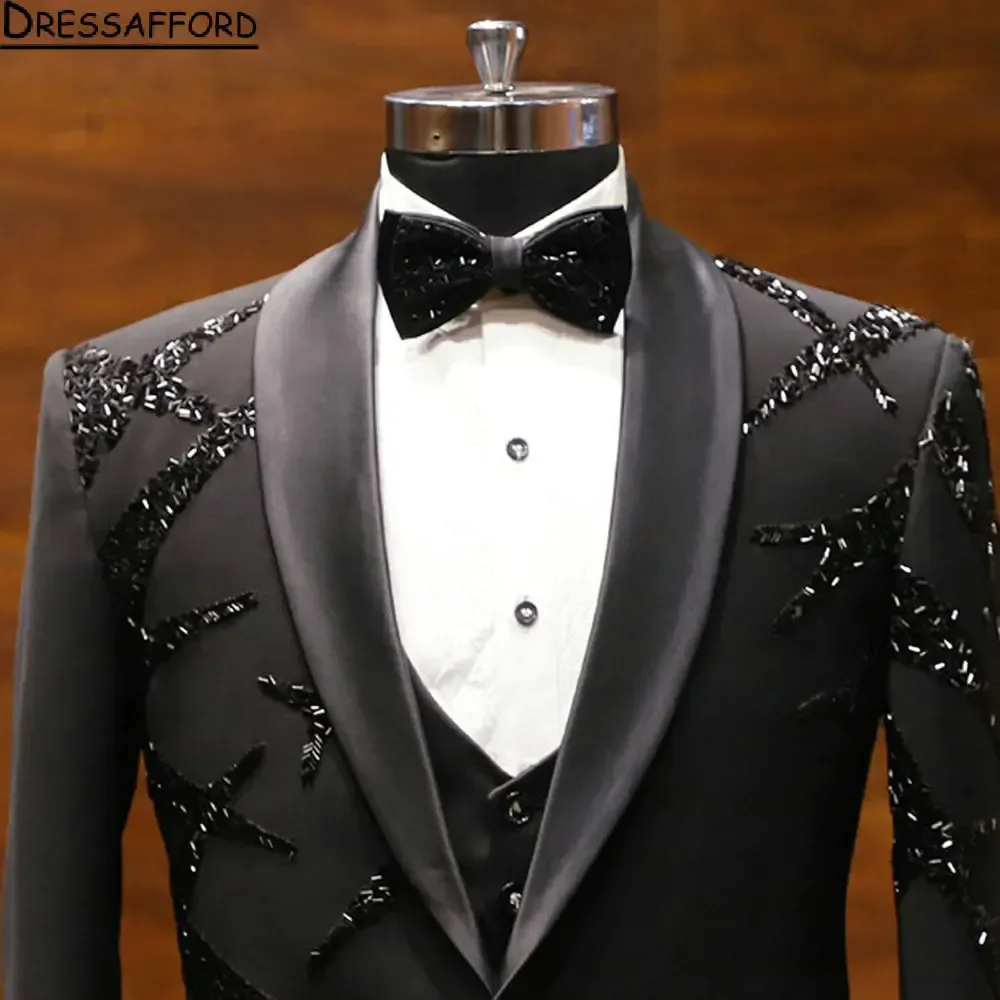 Black 2 Pieces Blazer Pants Men Suits Handmade Beading Tuxedo High Fashion Wedding Prom Plus Size Custom Made