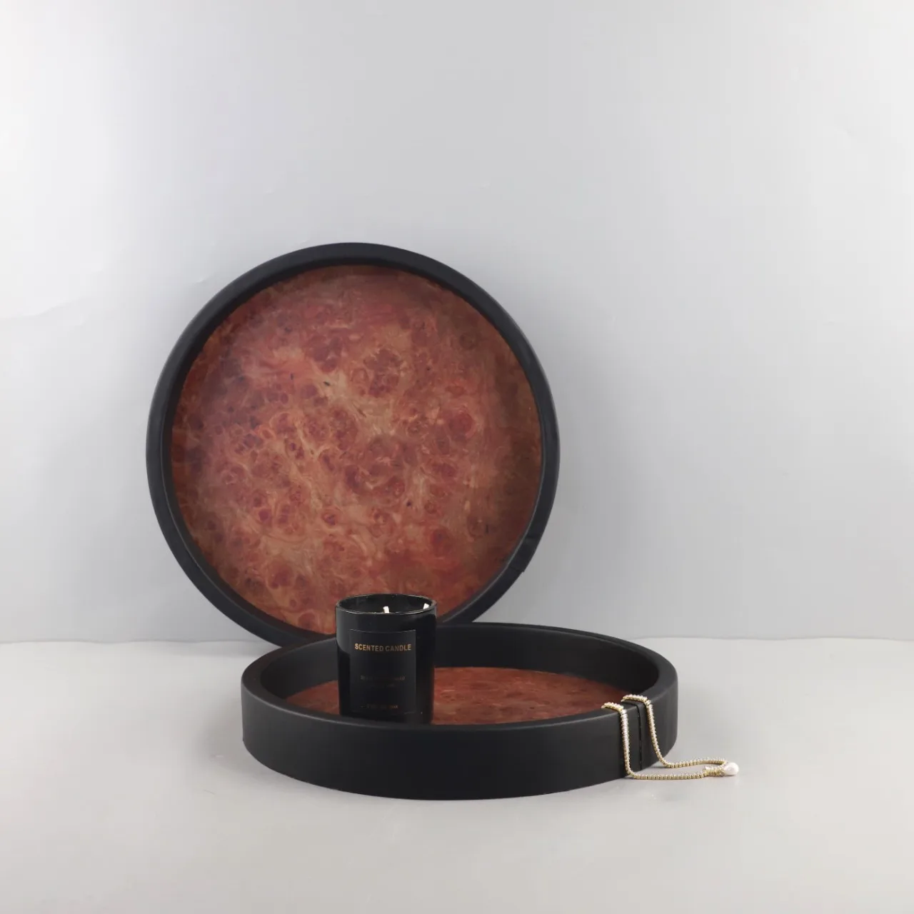 Nordic creative wood leather wood grain round aromatherapy decoration tray living room bedroom dresser home decoration