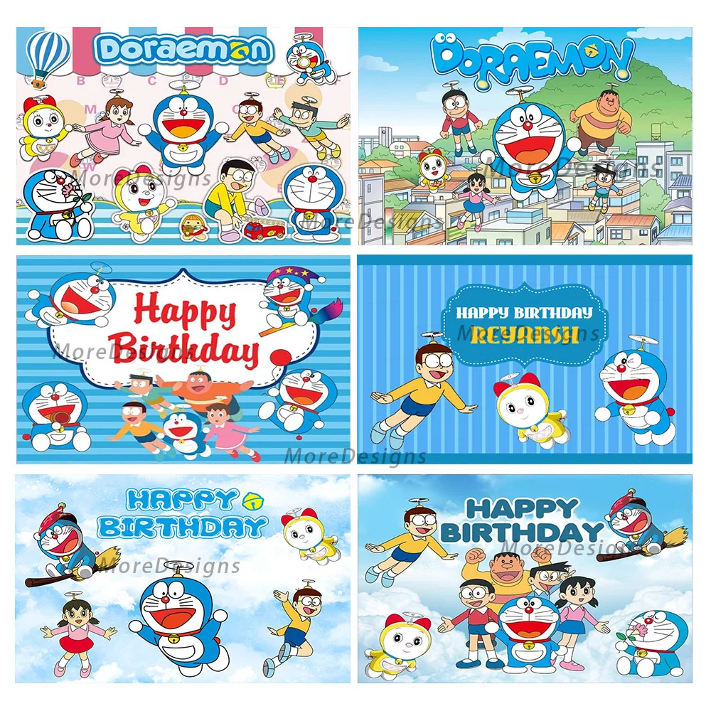 

Doraemon Birthday Banner Kids Photo Backdrop Baby Shower Party Decoration Cartoon Vinyl Polyester Fabric Background