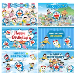 Doraemon Birthday Banner Kids Photo Backdrop Baby Shower Party Decoration Cartoon Vinyl Polyester Fabric Background