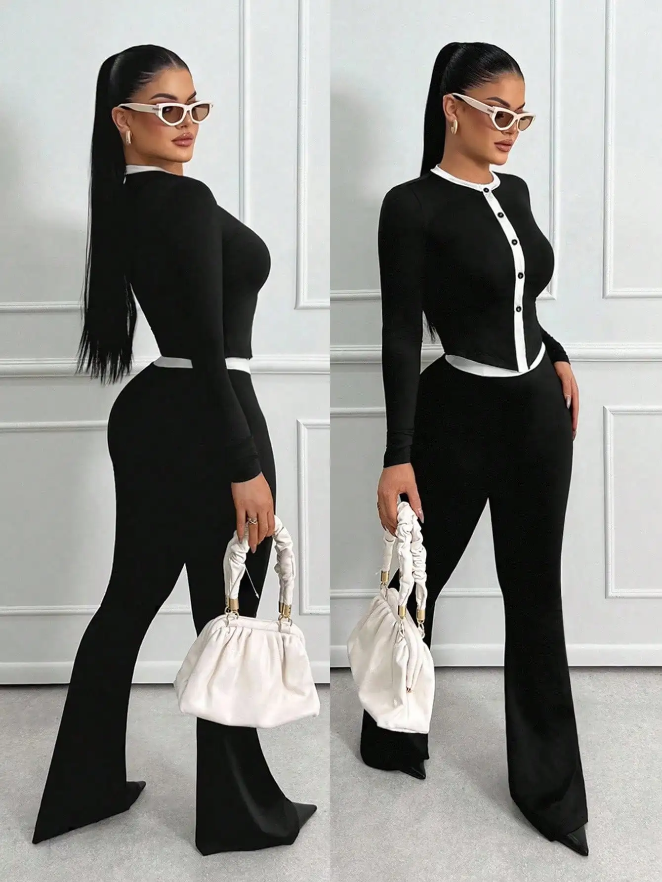 レディース2ピースセット 長袖ボタンフロントカーディガン＆ハイウエストフレアパンツ ブラックホワイトコントラスト