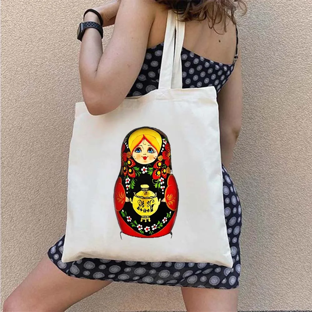 Cute Matryoshka Fabulous Russian Nesting Doll Soviet Cartoon Girl Women Canvas Shoulder Tote Bag Shopper Cotton Shopping Handbag