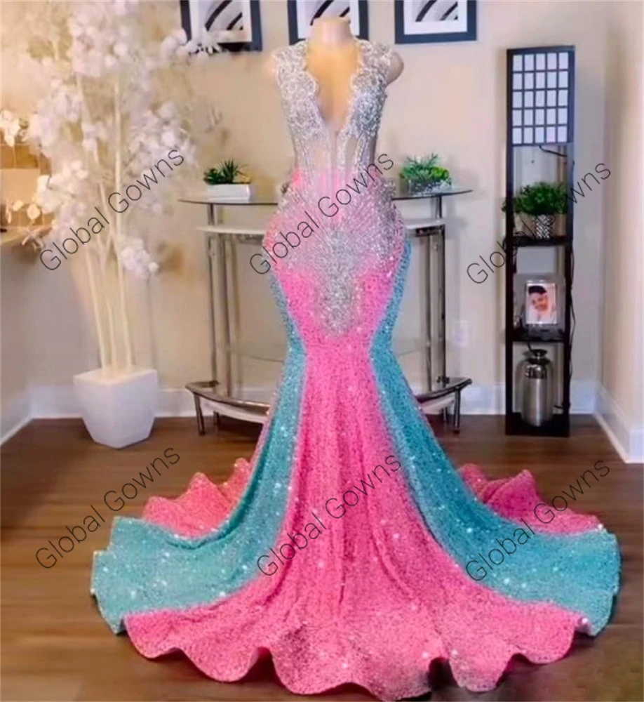 Pink Sheer O Neck Long Prom Dress For Black Girls Beaded Crystal Birthday Party Gown Green Sequined Evening Dresses Customized