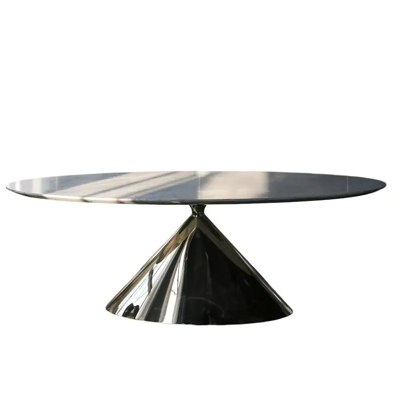 

Italian minimalist stainless steel oval marble luxury stone dining table household high-end water drop blue