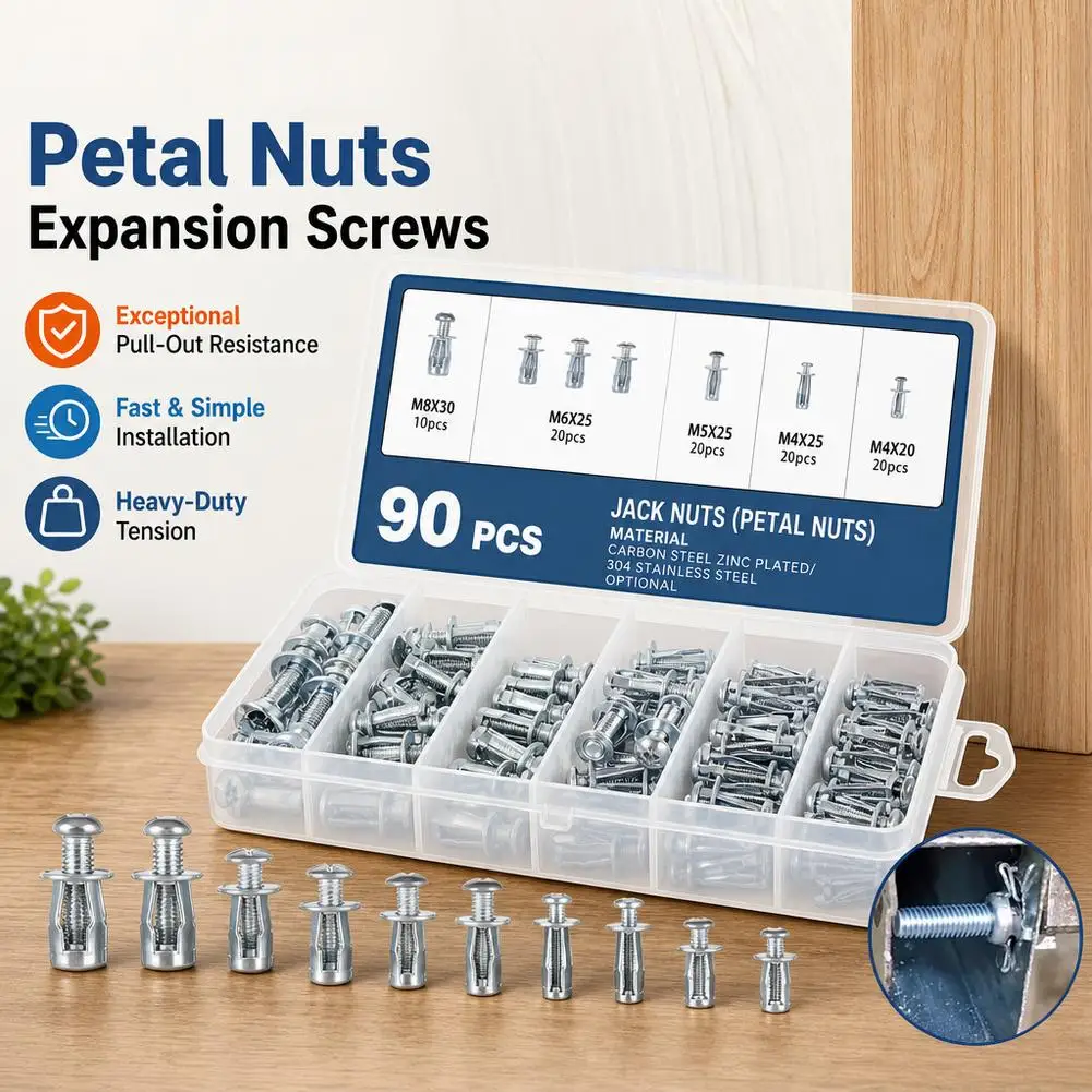 90pcs Jack Nuts Petal Nuts,M4,M5,M6,M8 Expansion Screw Petal Nut,Thins Fixings Dowels with Screws for Tin, Billboard, Cardboard