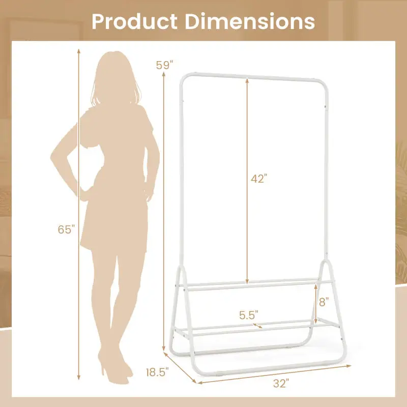 Heavy Duty Metal Clothes Rack With Hanging Rod And Storage Shelves, Sturdy Triangular Structure Garment Organizer For Bedroom Living Room, White