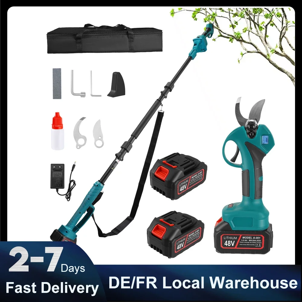 Forbici elettriche senza fili e con motore a spazzole, 2 in 1, con lama da 45 mm e asta telescopica estendibile, ideali per la potatura di alberi, arbusti e piante da giardino.
