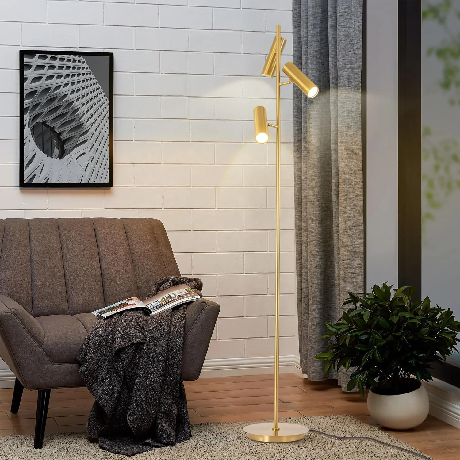 

7w Gold 3-Light Floor Lamp Adjustable Tall Pole Standing Lamps Rotatable Living Room Bedroom E26 Base LED Floor Light