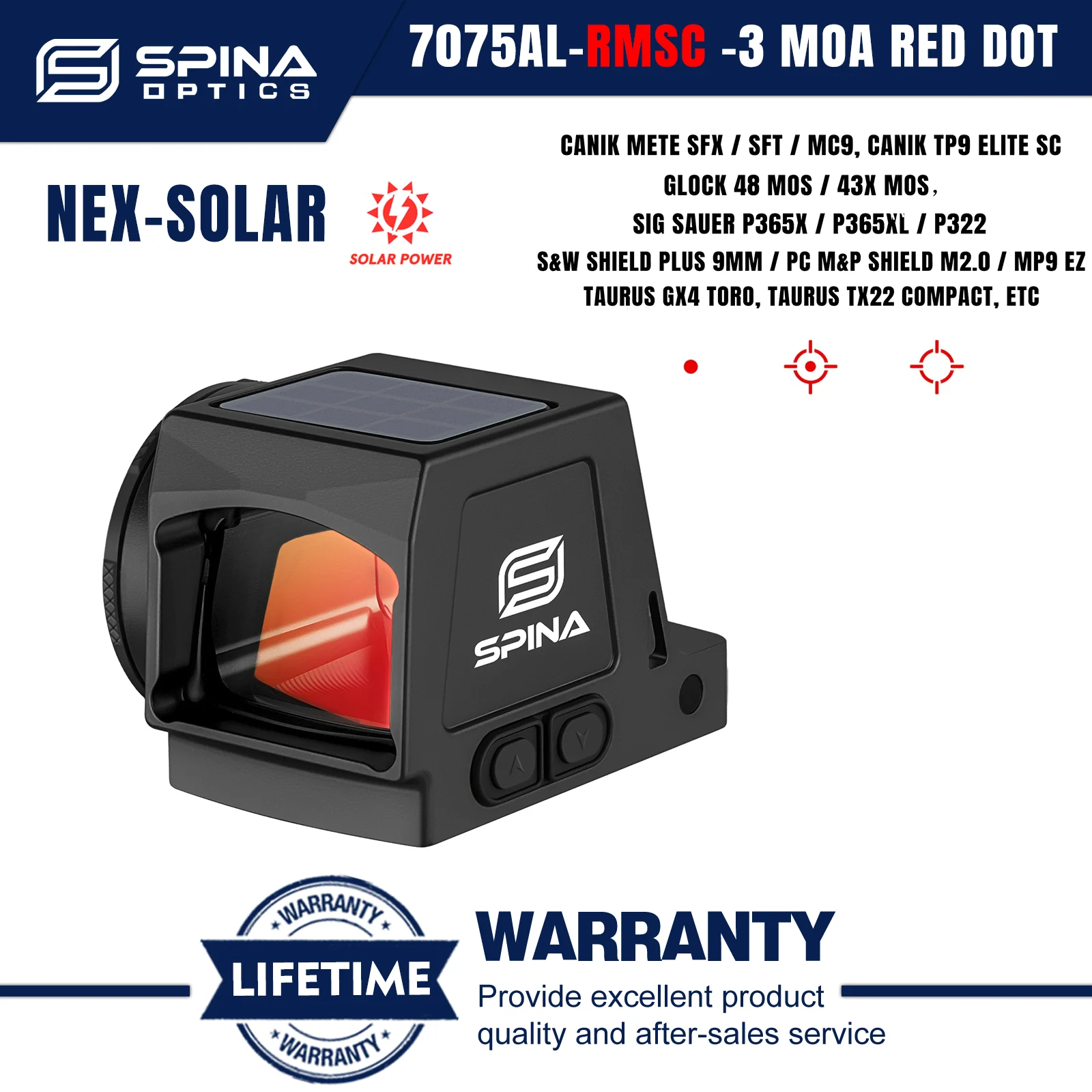 SPINA OPTICS NEX-SOLAR Enclosed Red Dot Sight 3MOA Solar Multi Reticles RMSc Footprint HS 407K/507K G48/43x MOS P365X/XL