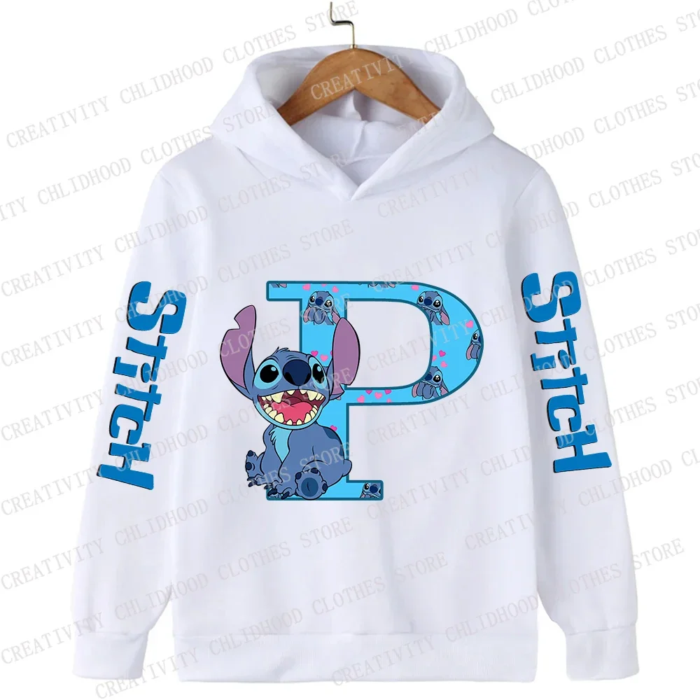 New Children Hoodies Stitch 26 English Letters ABCD Kids Pullover Casual Clothes Girl Boy Cartoons Kawaii Top Velvet Sweatshirts