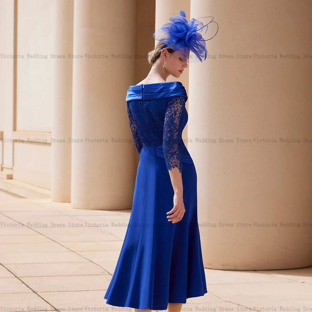 Elegant Royal Blue Mother of the Bride Dresses Square Neck 3/4 Sleeves Wedding Party Gowns Lace A-Line Tea Length فساتين السهرة