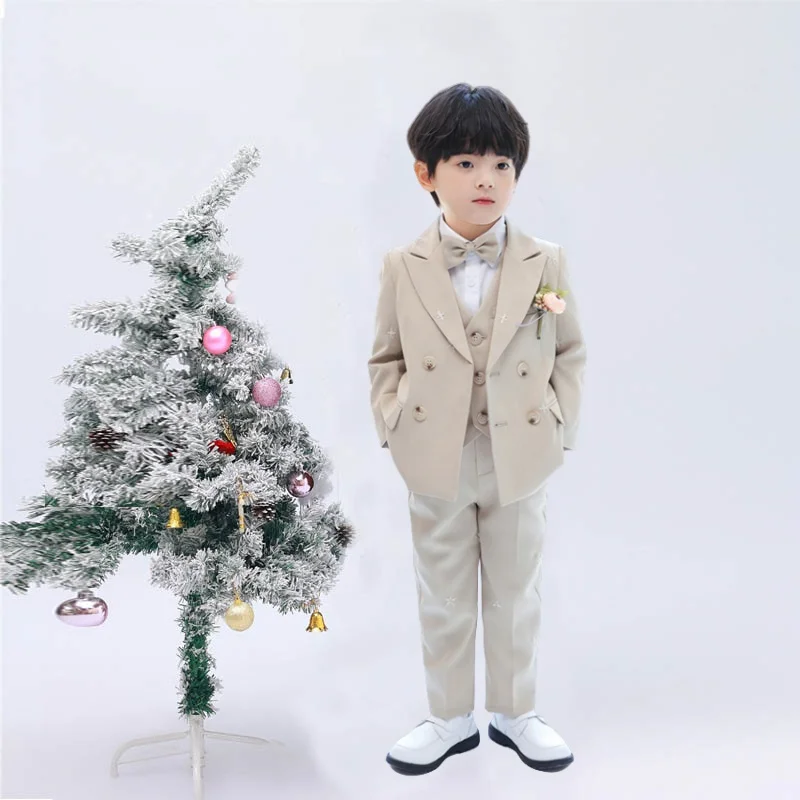 

Комплект костюма для мальчиков джентльмена, детский свадебный наряд из 5 предметов с курткой, жилетом, брюками, брошь с галстуком-бабочкой, детский пиджак для выступлений на фортепиано, комплект