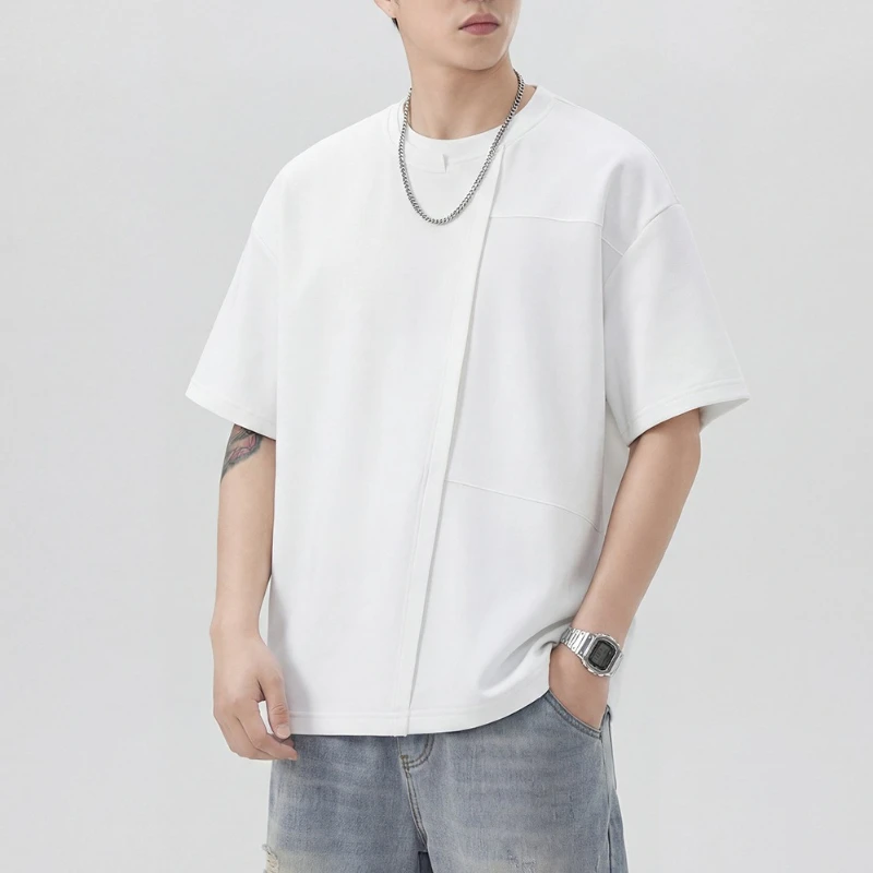 T-shirt Men's Short Sleeves Summer 2026 New Trend Loose Double Structure Collar T-shirt Round Neck