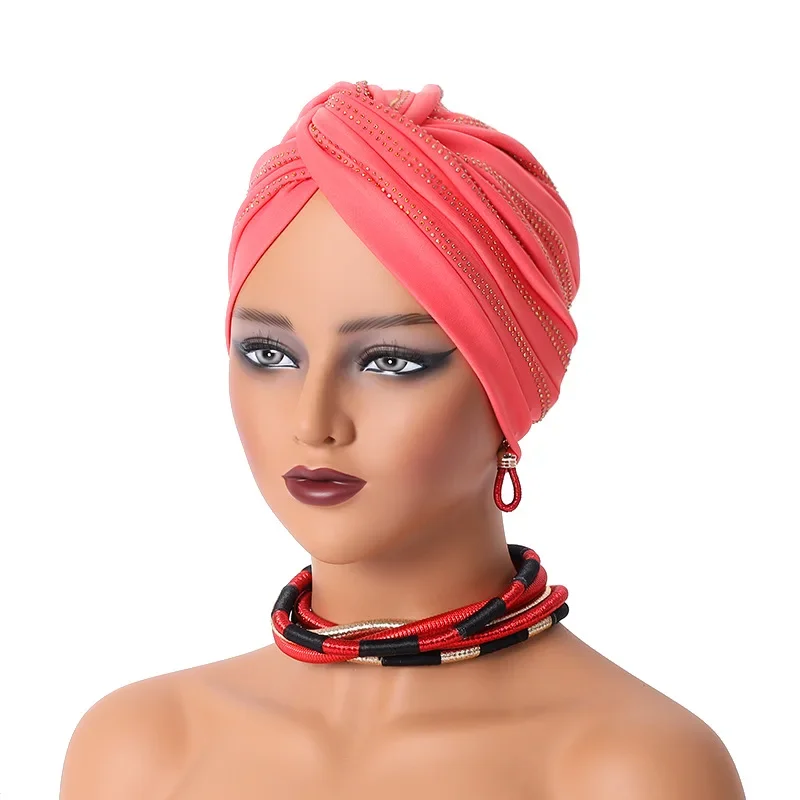 نيجيريا الأفريقية Headties الماس الحجاب قبعة عمامة تويست عقدة النساء وشاح الحجاب الإسلامي السيارات Gele Headtie Aso Oke رئيس التفاف بونيه