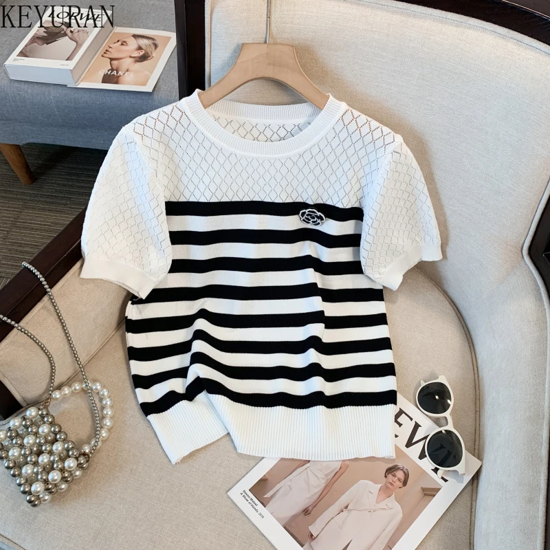 Thin Ice Silk Knit T-shirt Short Sleeve Sweater Women 2024 New Summer Chic Black Whiter Striped Tshirts Hollow Out Knitwear Tops