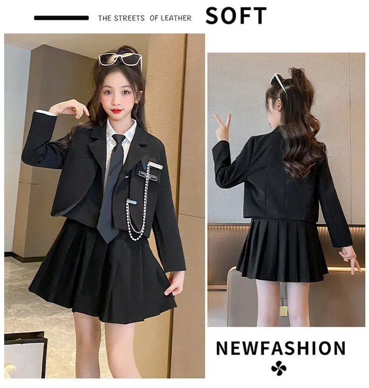 Schuluniform-Set für junge Mädchen im JK-Stil, einzigartige formelle Jacke mit Kette und plissiertem Rock, 2-teiliger Blazer-Anzug für Schulkinder. – Detail 10