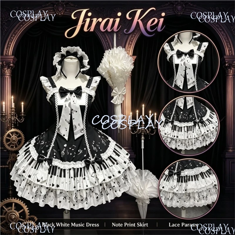 Japanese Gothic Y2K Lolita JSK Dress Women Piano Musical Note Print Bow Trailing Mini Dress Harajuku Cute Jirai Kei Party Dress