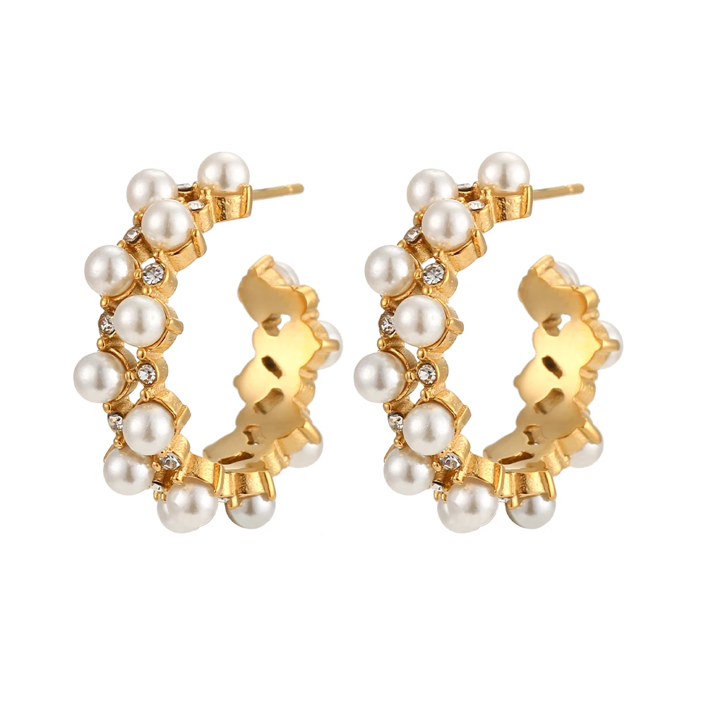

2022 Elegant Inlaid Pearl Zircon Hollow CC Earrings for Women Girls 18K Gold Plated Waterproof Feamle Earrings Party Jewelry