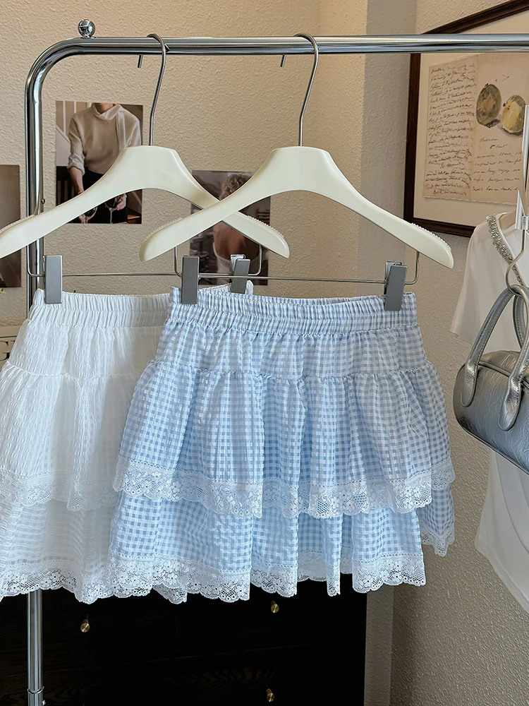 

Sweet Lace Plaid Mini Skirt Women 2025 Summer New Y2k High Waist A Line Skirts Ruffle Lace Trim Layered Skirt