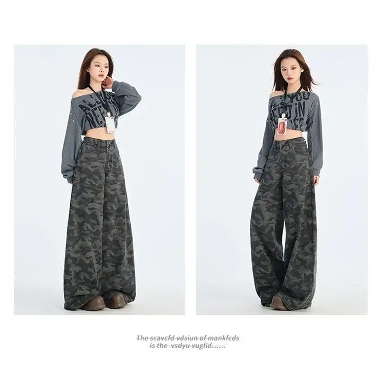 

Американские джинсы-клеш с высокой талией и широкими штанинами, камуфляжные, женские, весна-лето, новые, повседневные, в пол