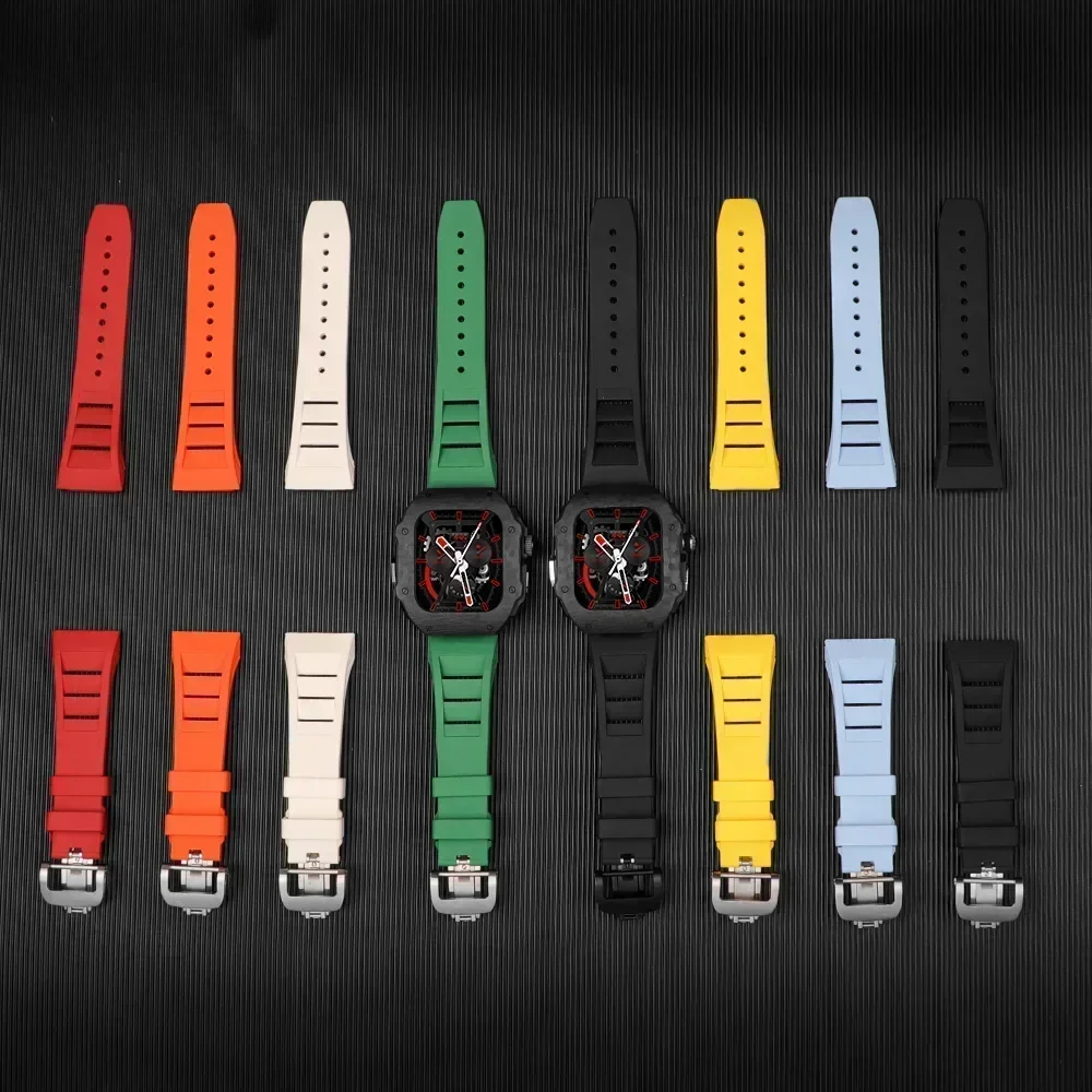 Kit de modificación de caja de fibra de carbono de lujo para Apple Watch Ultra 2, 49mm, 44mm, 45mm, correa de caucho fluorado Iwatch 9 8 7 6 SE 5 Mod