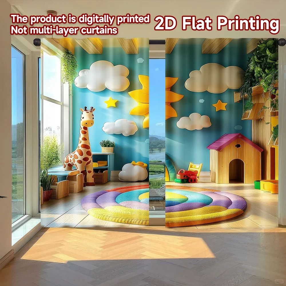 2D flat printing 2pcs Scene Curtains Sunny Playroom Adventure Digital Printed Polyester Drapes Family Party Decoration Perfect