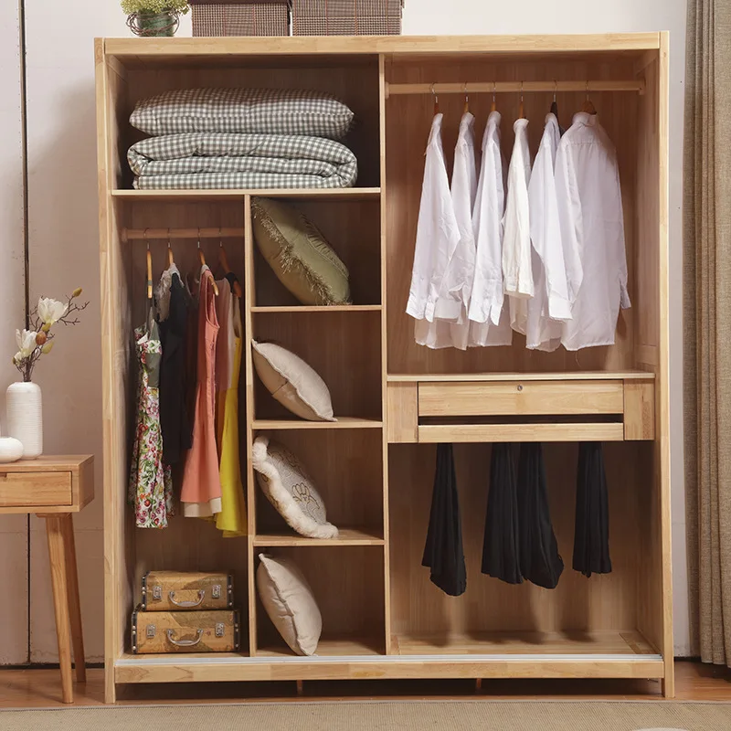 Nordic style solid wood sliding door wardrobe simple modern small apartment bedroom sliding door simple double door log wardrobe