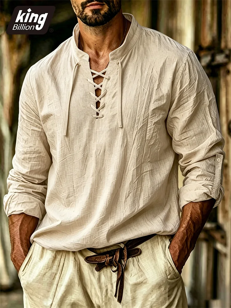 Men's V-neck T-shirt Pirate Medieval Viking Gothic Style Tops Cotton Linen Lace-up Long Sleeved Cospaly Halloween Party Tees