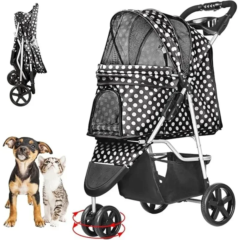 עגלה כלבים לכלבים קטנים נייד עגלה קל משקל לחתולים מתקפל עם סל אחסון ומחזיק גביע